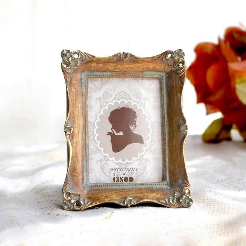 CISOO 2.5x3.5 Small Vintage Picture Frame, Antique Bronze Gold Ornate Wallet Size Photo Frame, Tabletop and Wall Display, Retro Home Decor - Image 2